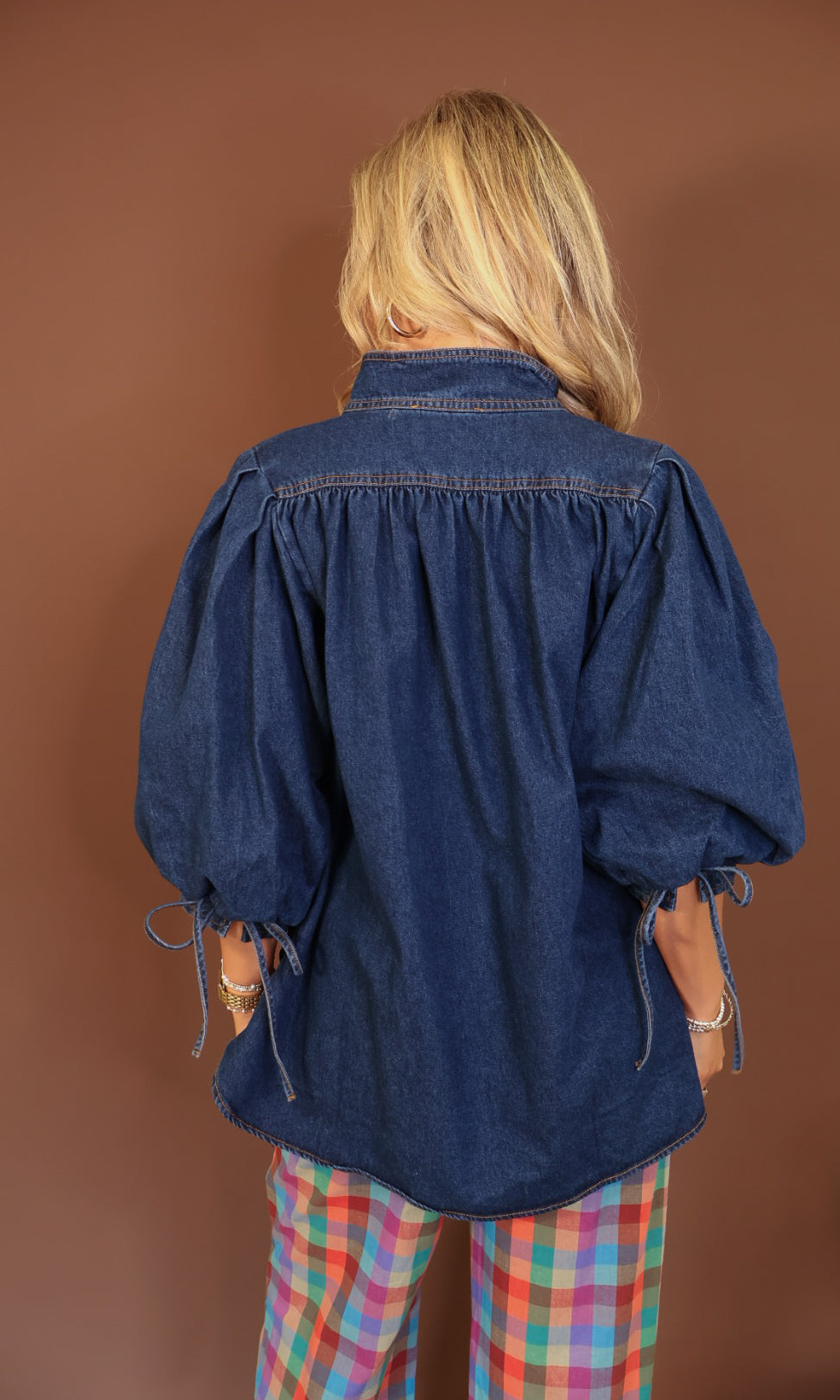 Dark Denim Balloon Sleeve Top — back view.