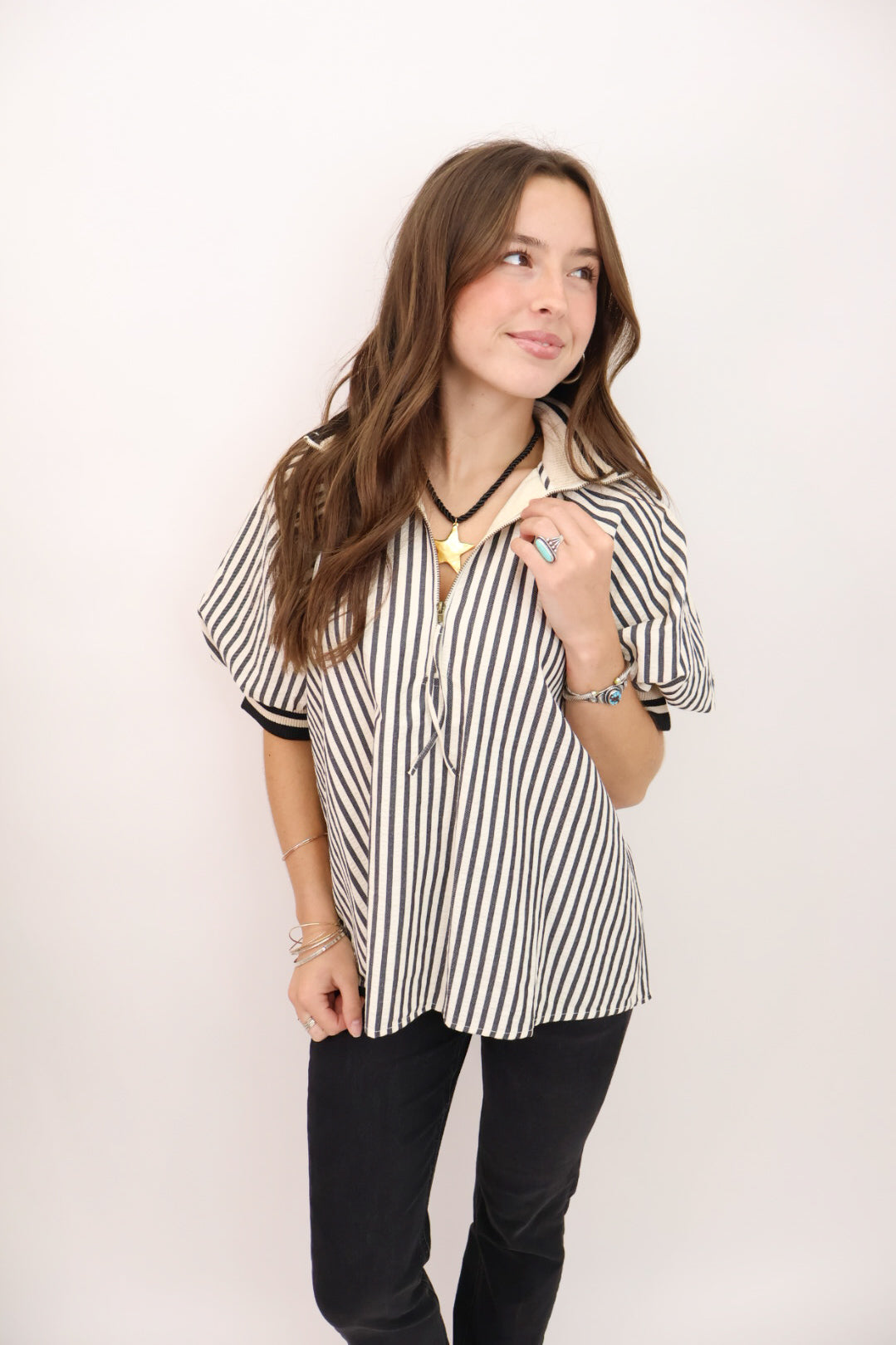 Sporty Quarter-Zip Puff Sleeve Top - Black Stripe