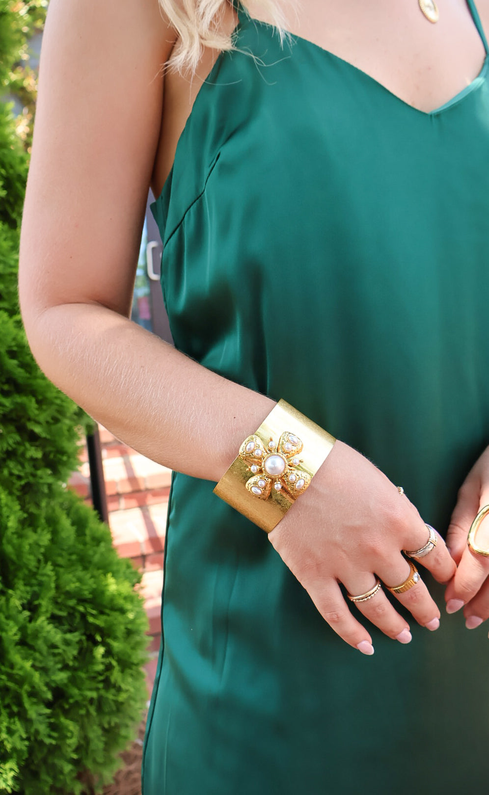 Gold Pearl Flower Cuff Bracelet