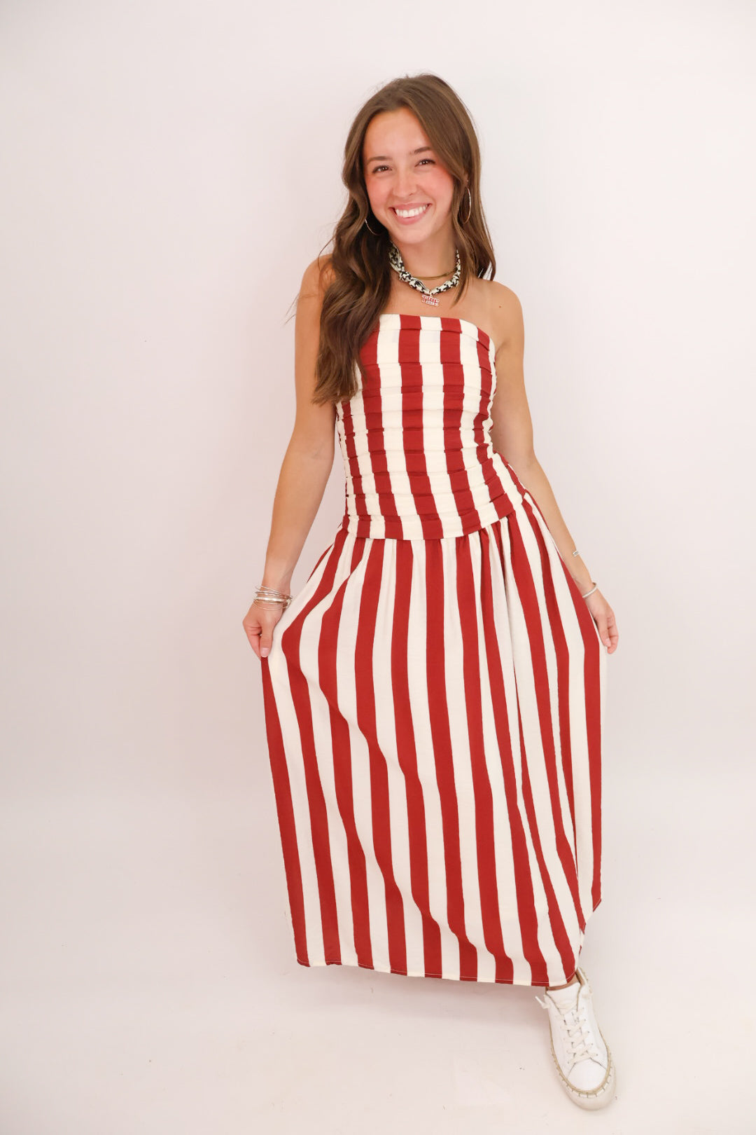 triped Strapless Midi Dress - Crimson