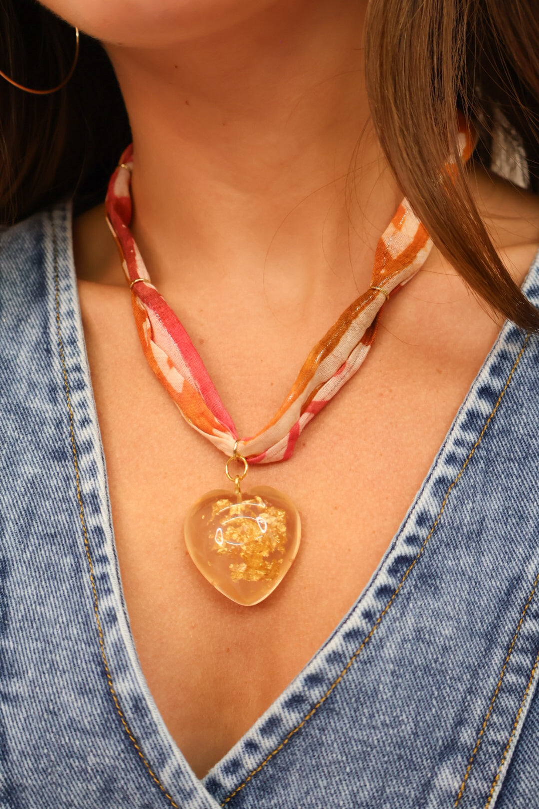 Scarf Necklace with Clear Heart Pendant