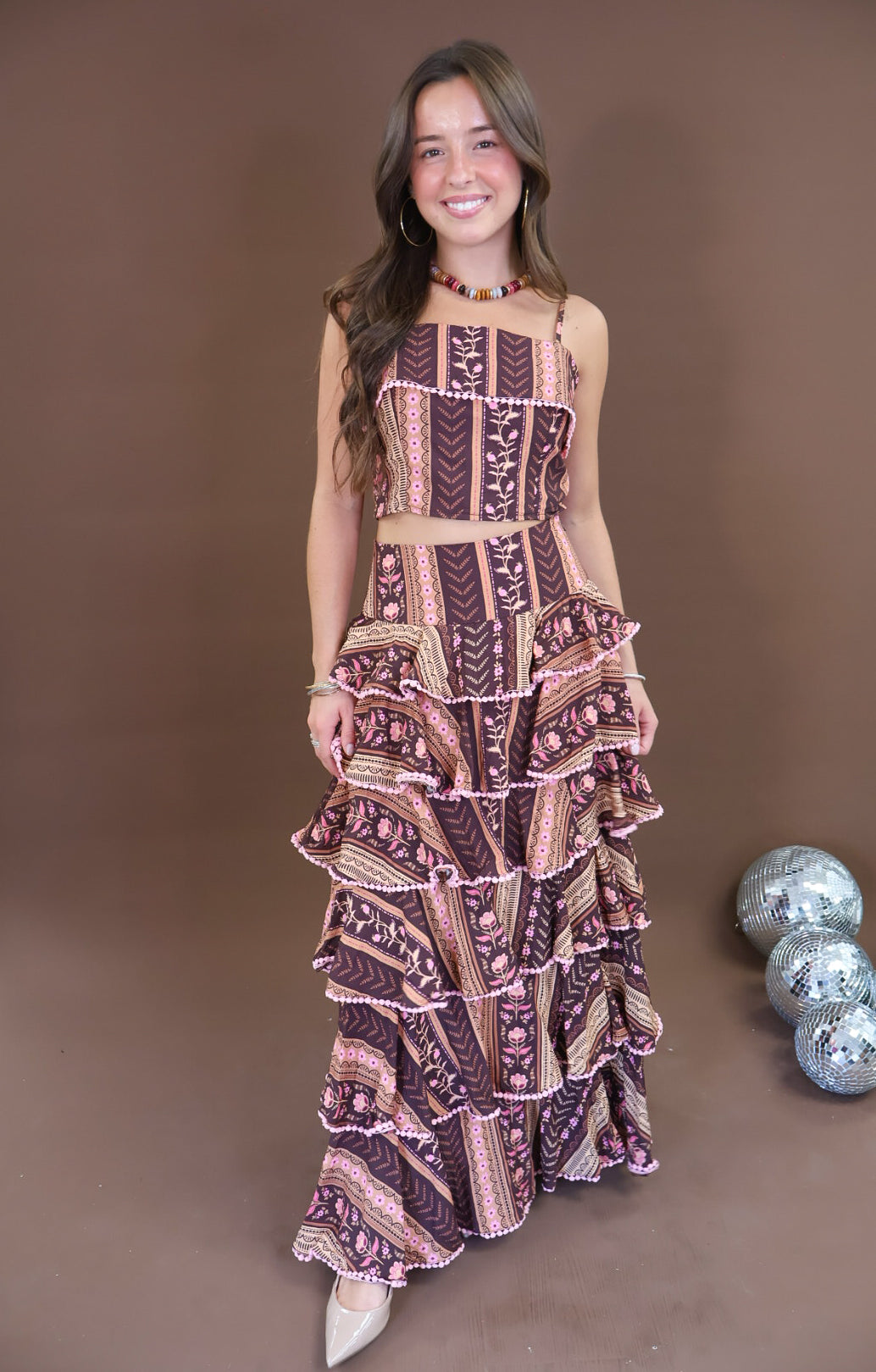 Printed Crop Top & Tiered Maxi Skirt Set