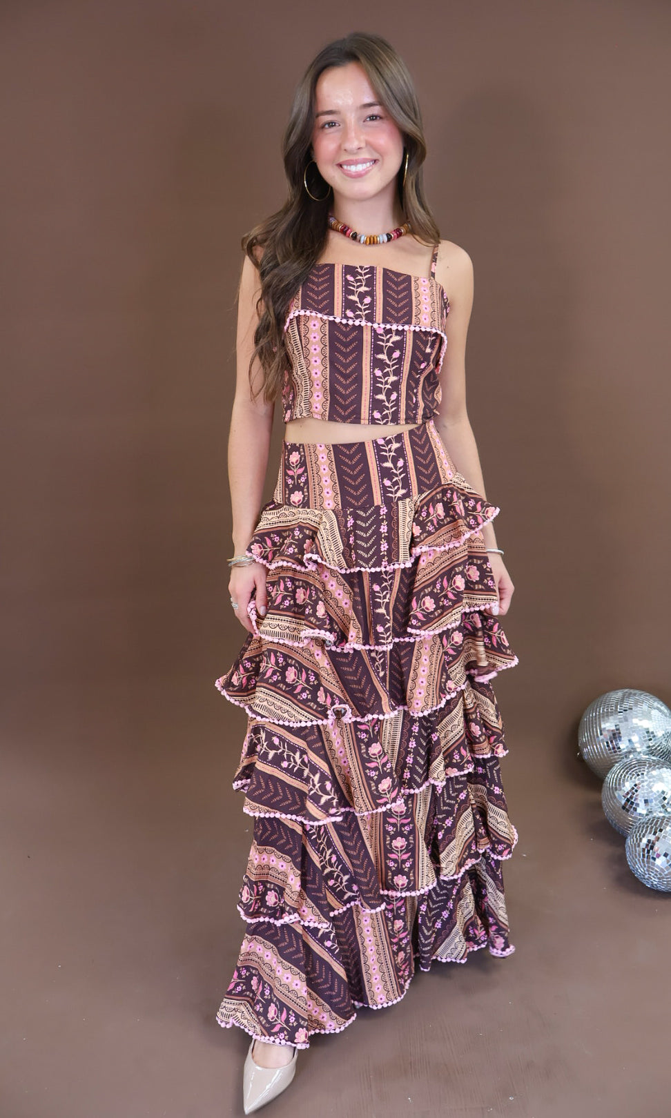 Printed Crop Top & Tiered Maxi Skirt Set