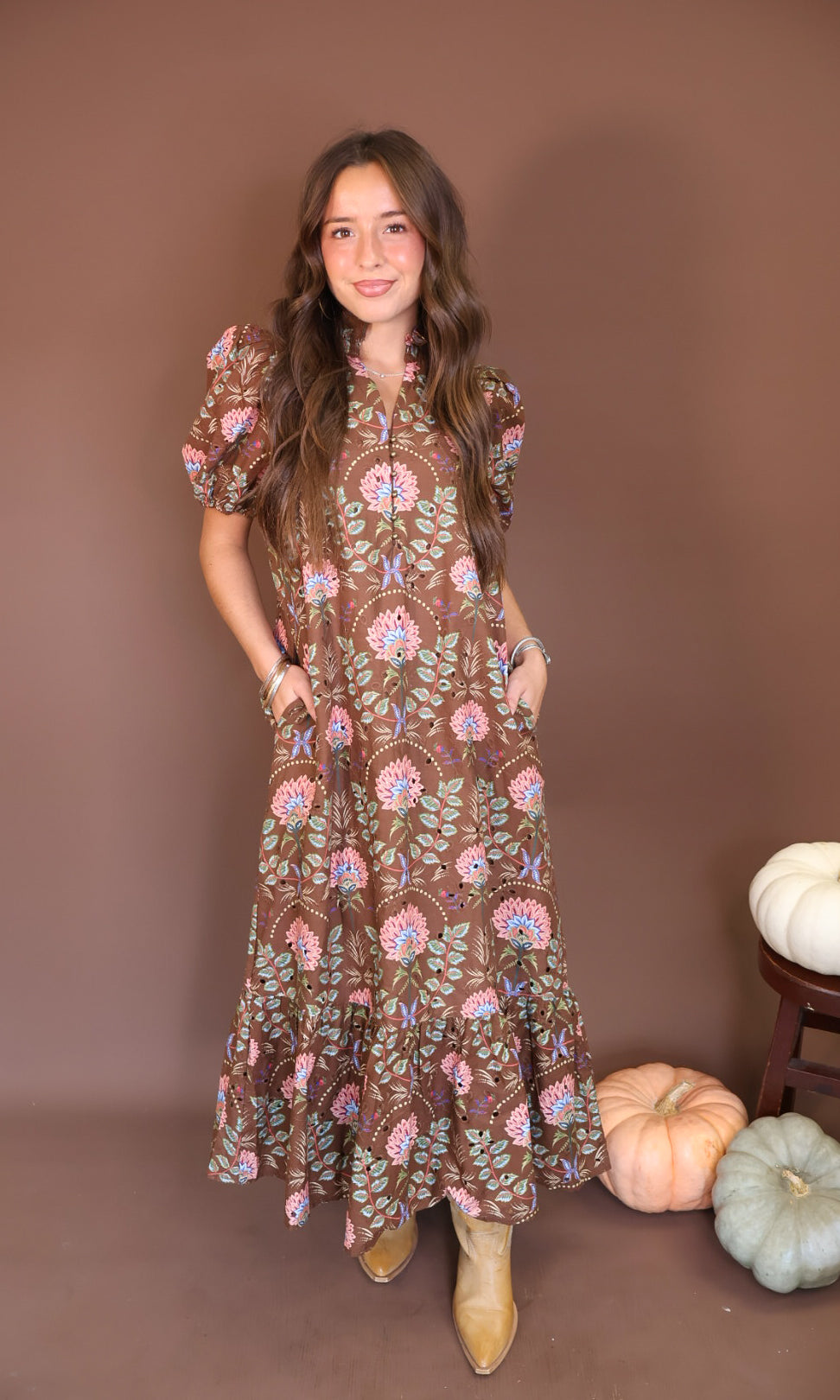 Brown Floral Eyelet Midi Dress — full front view.