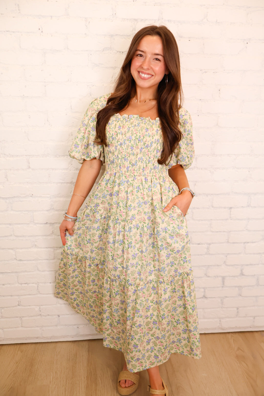 Meadow Bloom Smocked Puff Sleeve Midi Dress