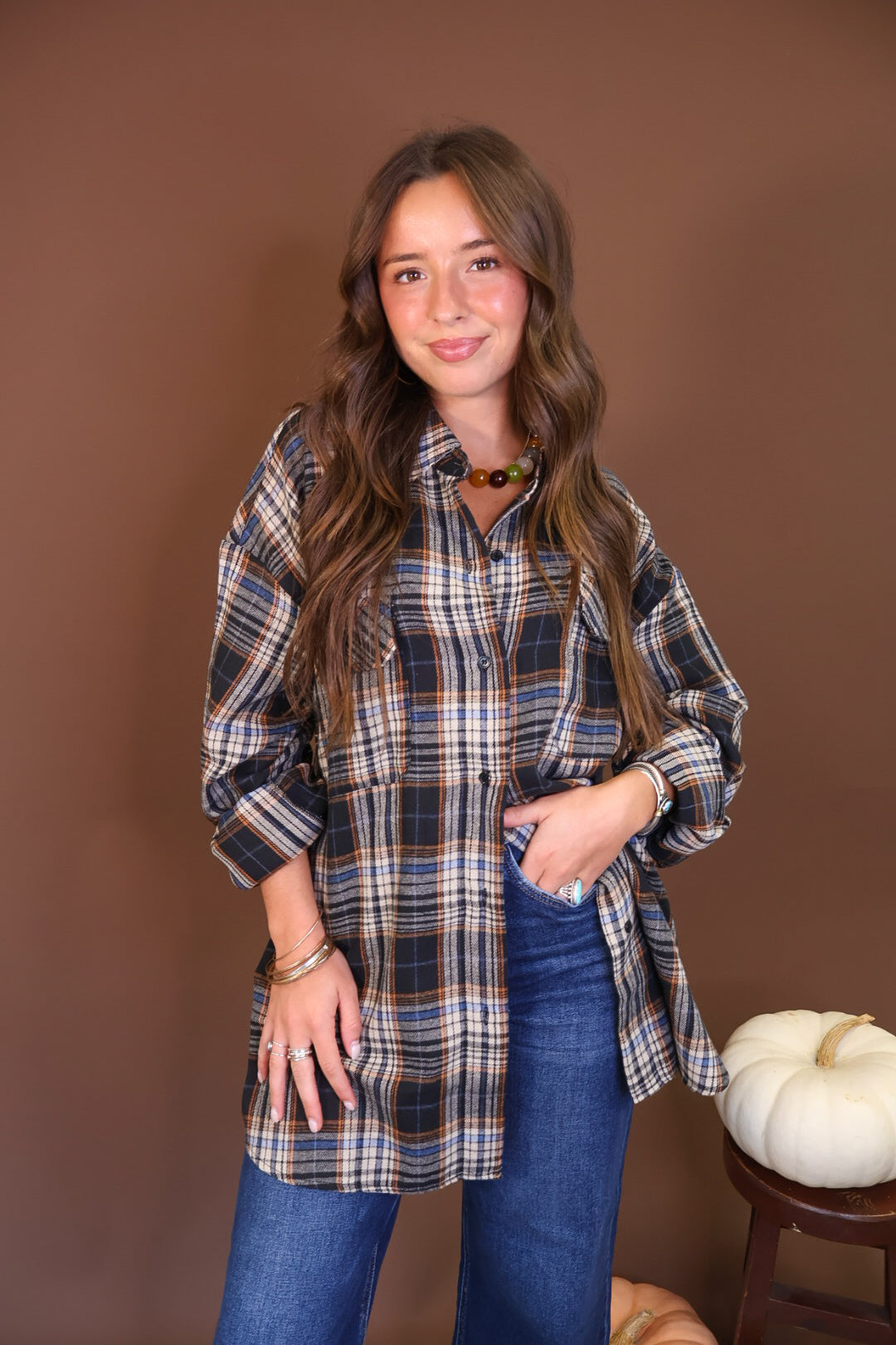 Plaid Button-Front Tunic Top — front view.