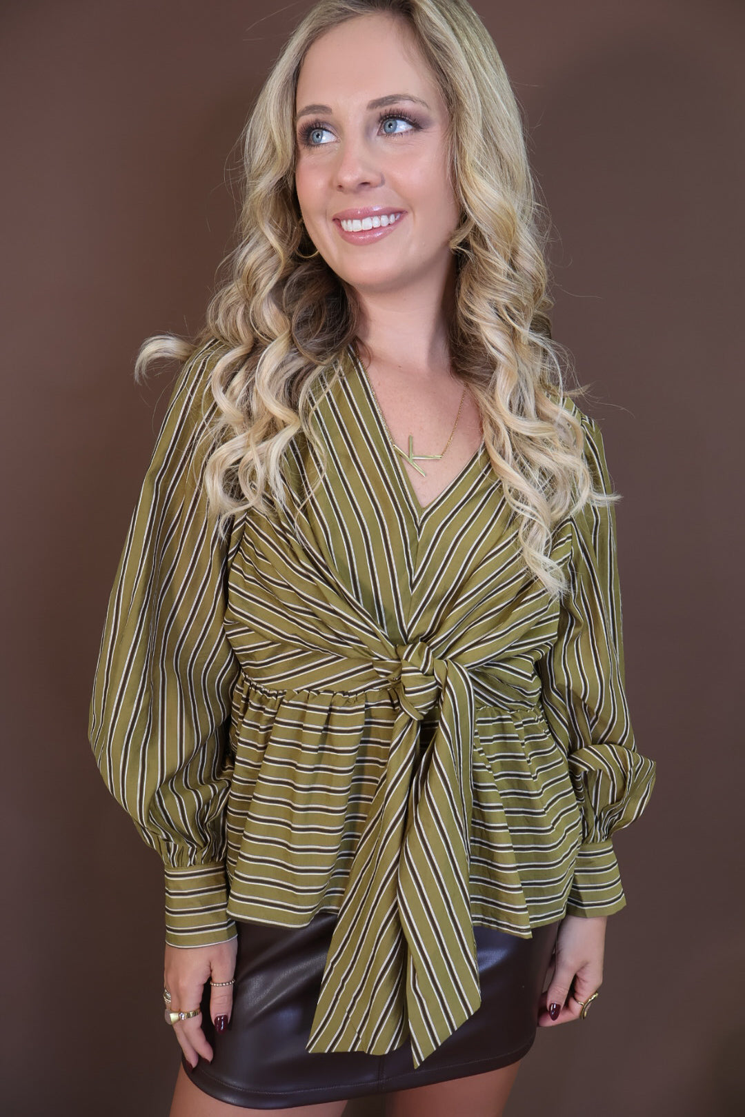 Martini Olive Striped Tie-Front Top — front view.