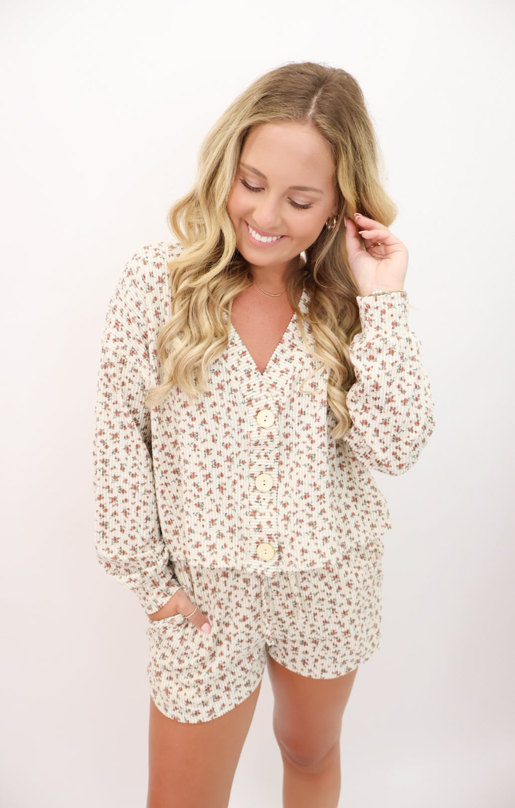 Fall Floral Casual Ribbed Shorts Set