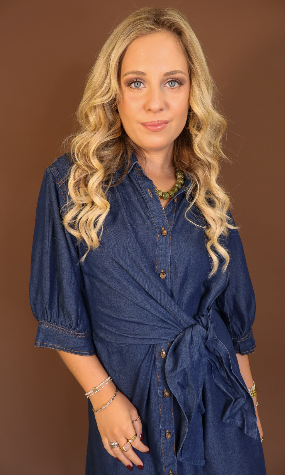 Dark Denim Tie-Front Shirt Dress — front view.