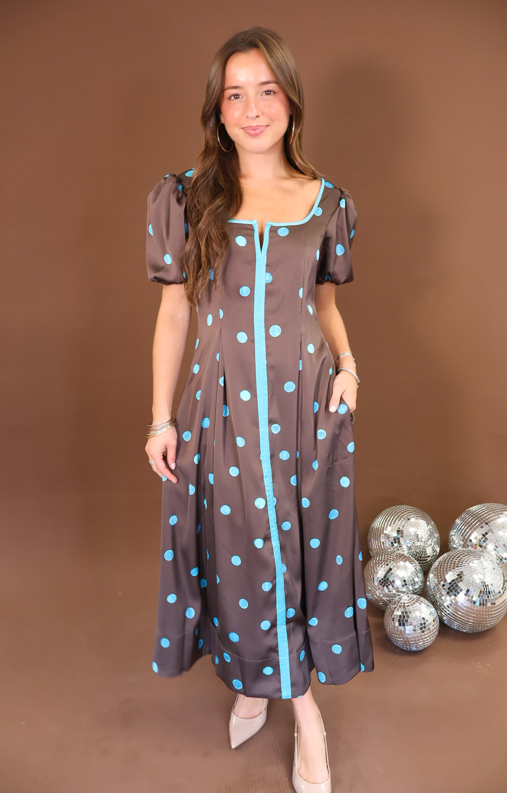 Satin Polka Dot Midi Dress with Pockets