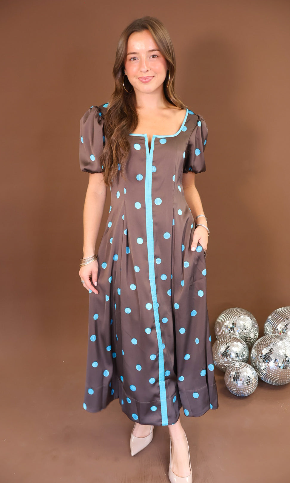 Satin Polka Dot Midi Dress with Pockets