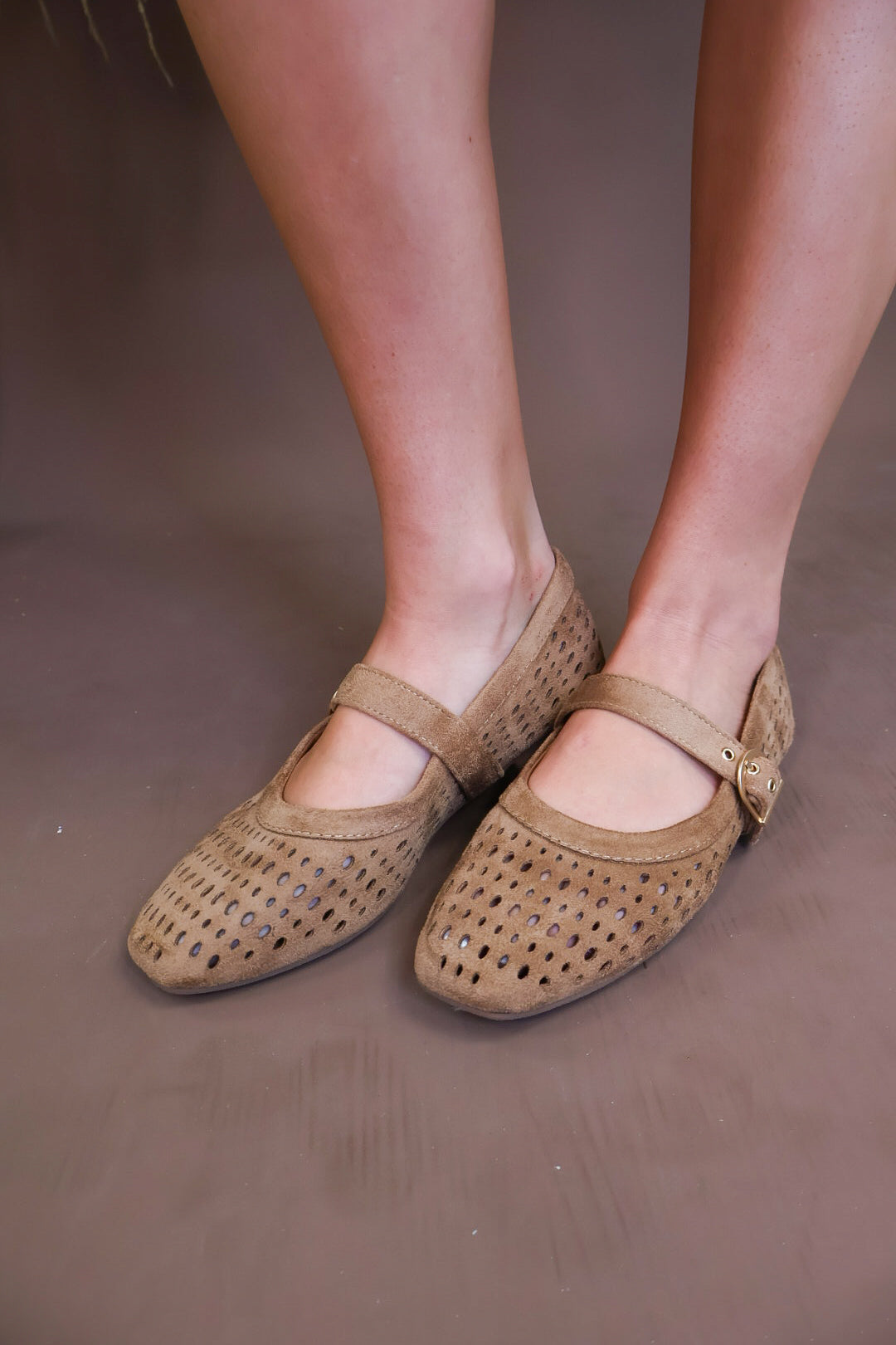 Model wearing the Brown Flat Mary Janes from Moda Boutique