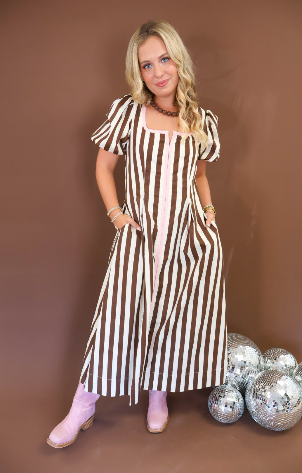 Brown & White Stripe Maxi Dress with Pink Trim
