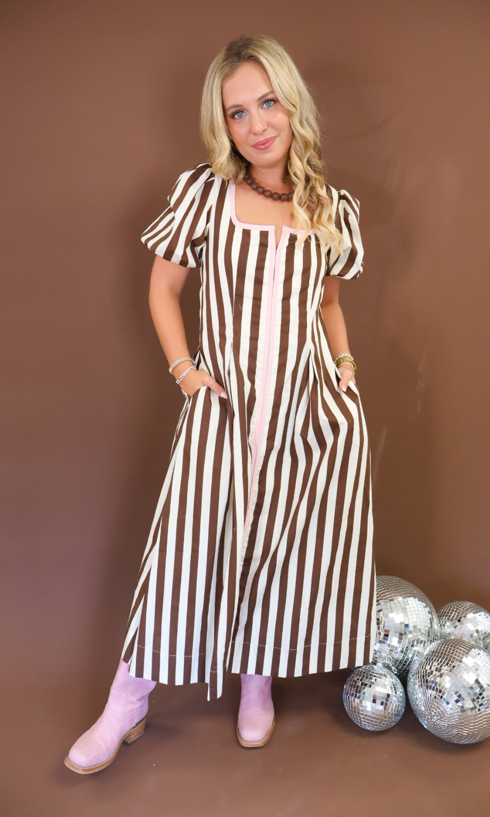 Brown & White Stripe Maxi Dress with Pink Trim