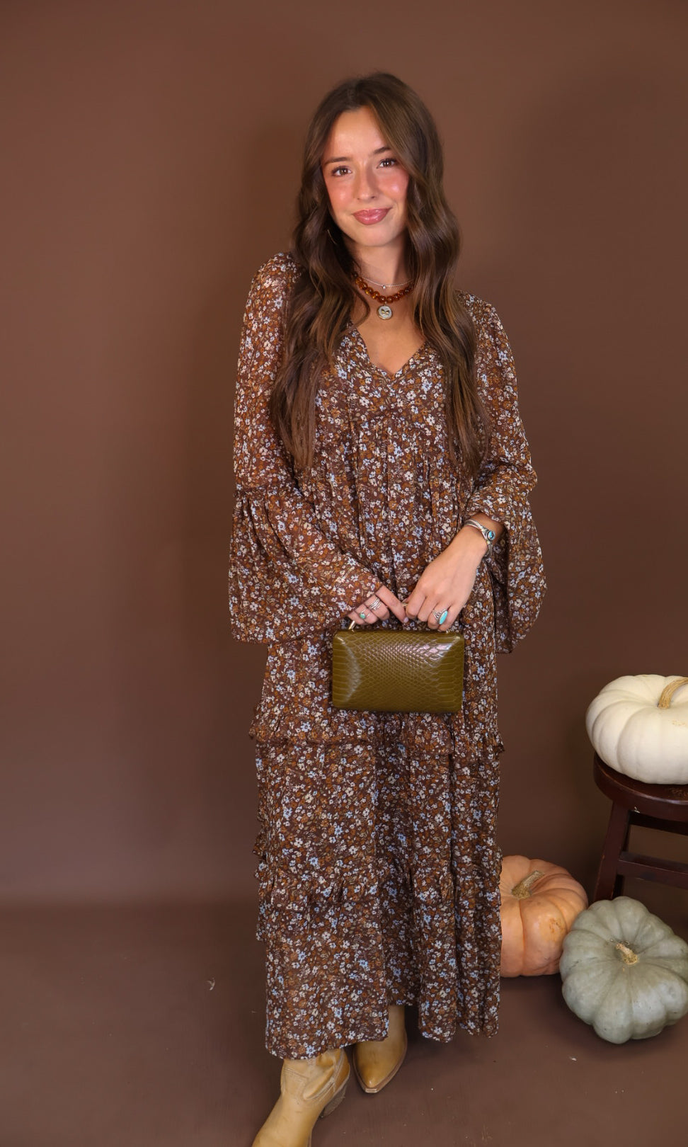 Brown Floral Long Sleeve Midi Dress — full front view.