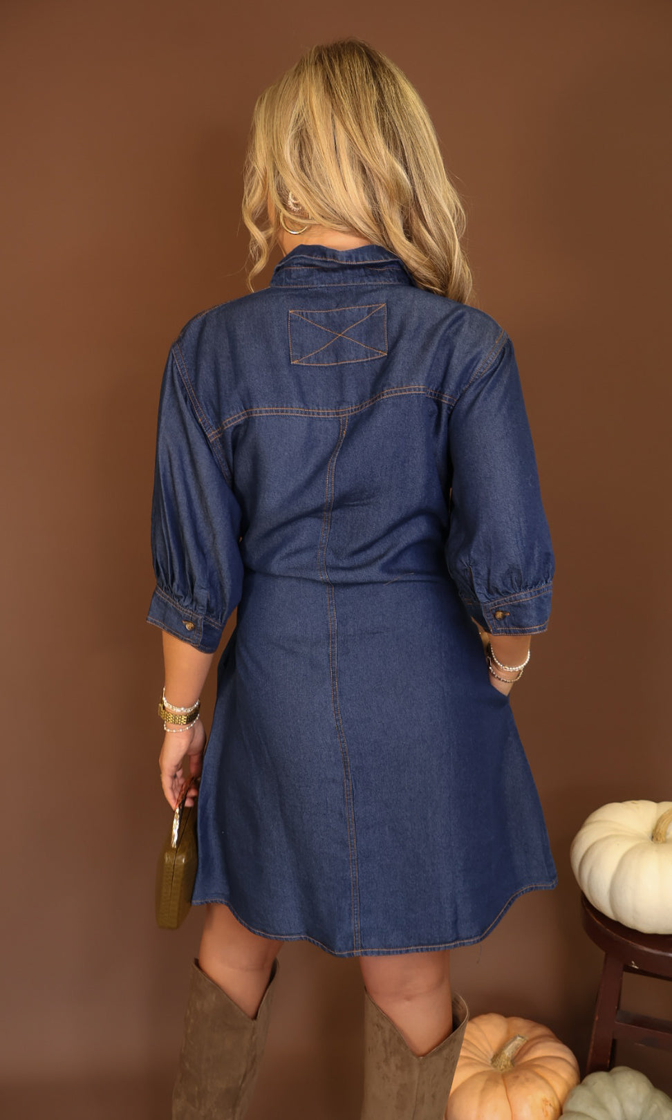 Dark Denim Tie-Front Shirt Dress — back view.