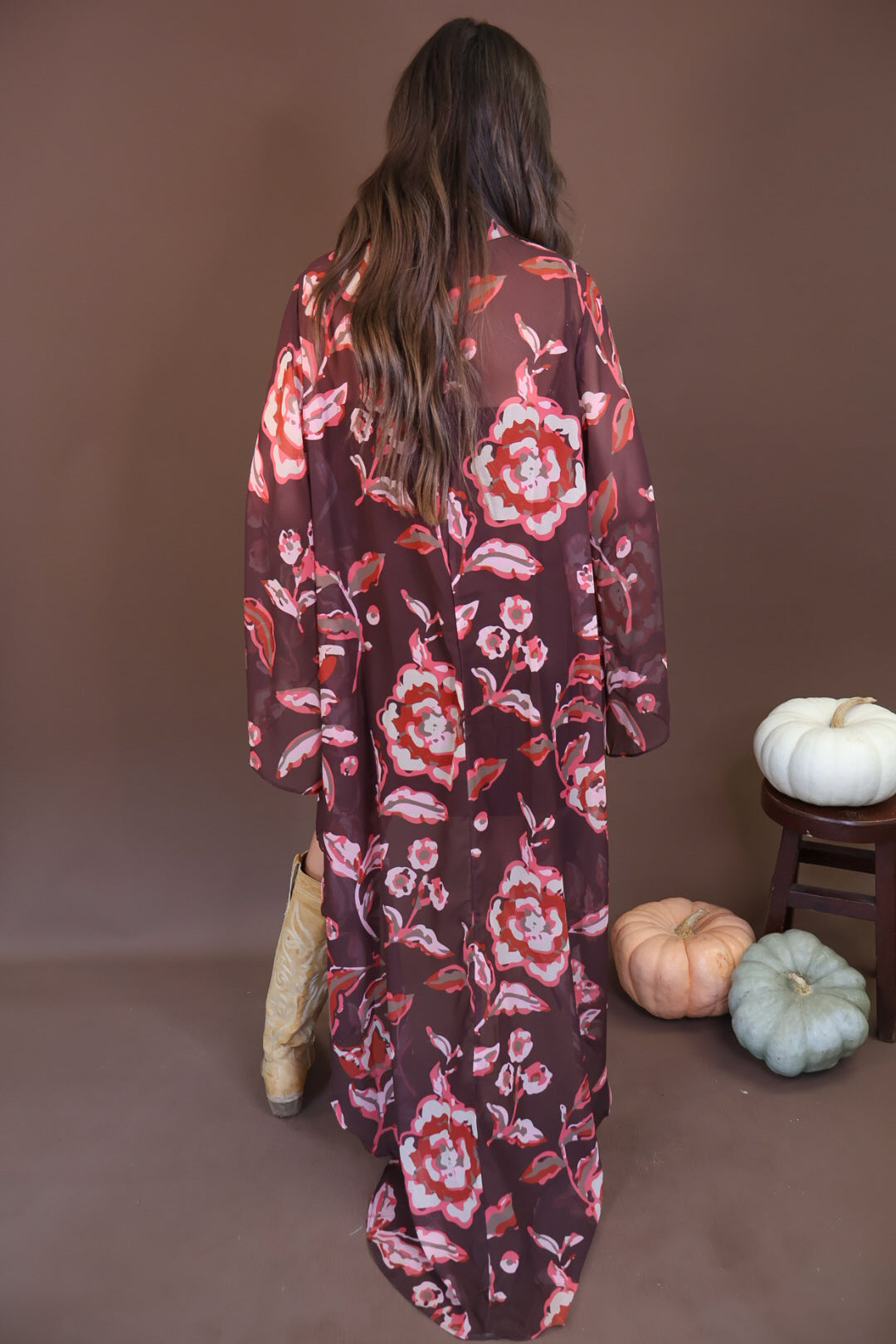 Burgundy And Brown Floral High-Low Maxi Dress — back view.