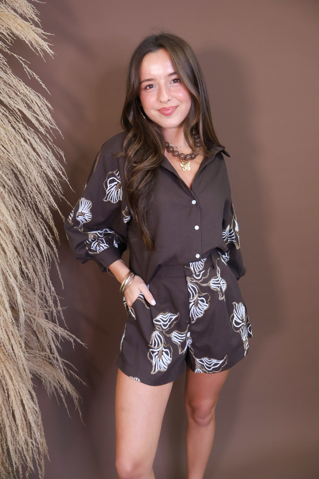 Model wearing the Brown Embroidered Short Set from Moda Boutique