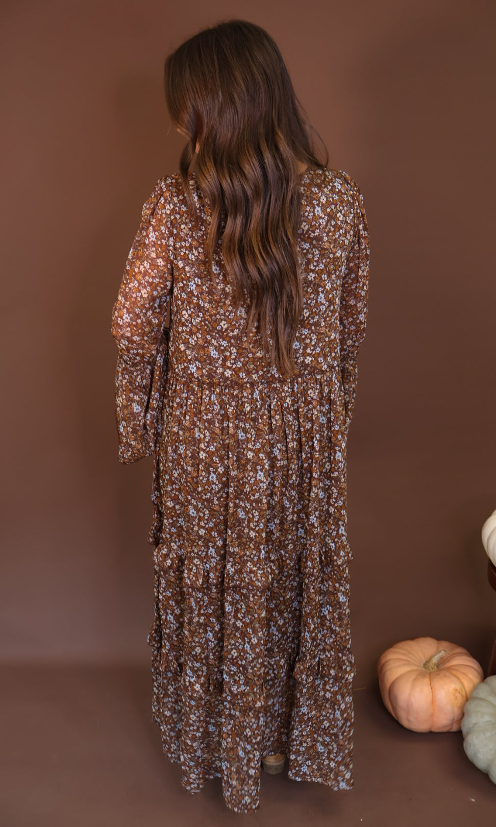 Brown Floral Long Sleeve Midi Dress — back view.
