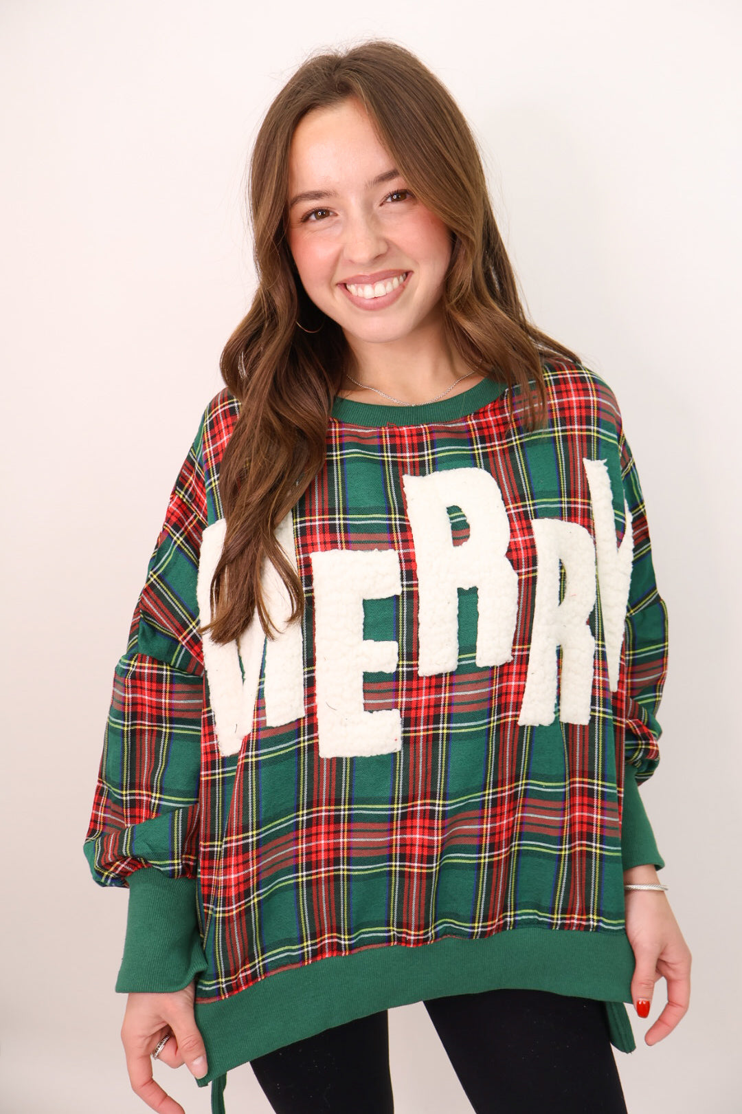 Green Plaid Chenille Patch Merry Pullover