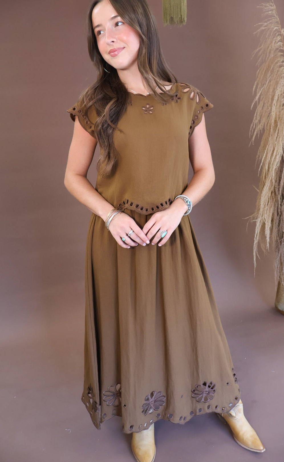 Chocolate eyelet cutout boxy top and skirt set