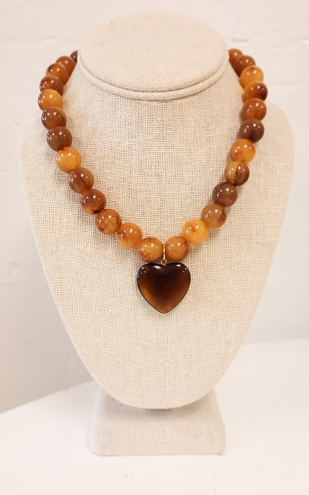Beaded Heart Pendant Necklace - Amber