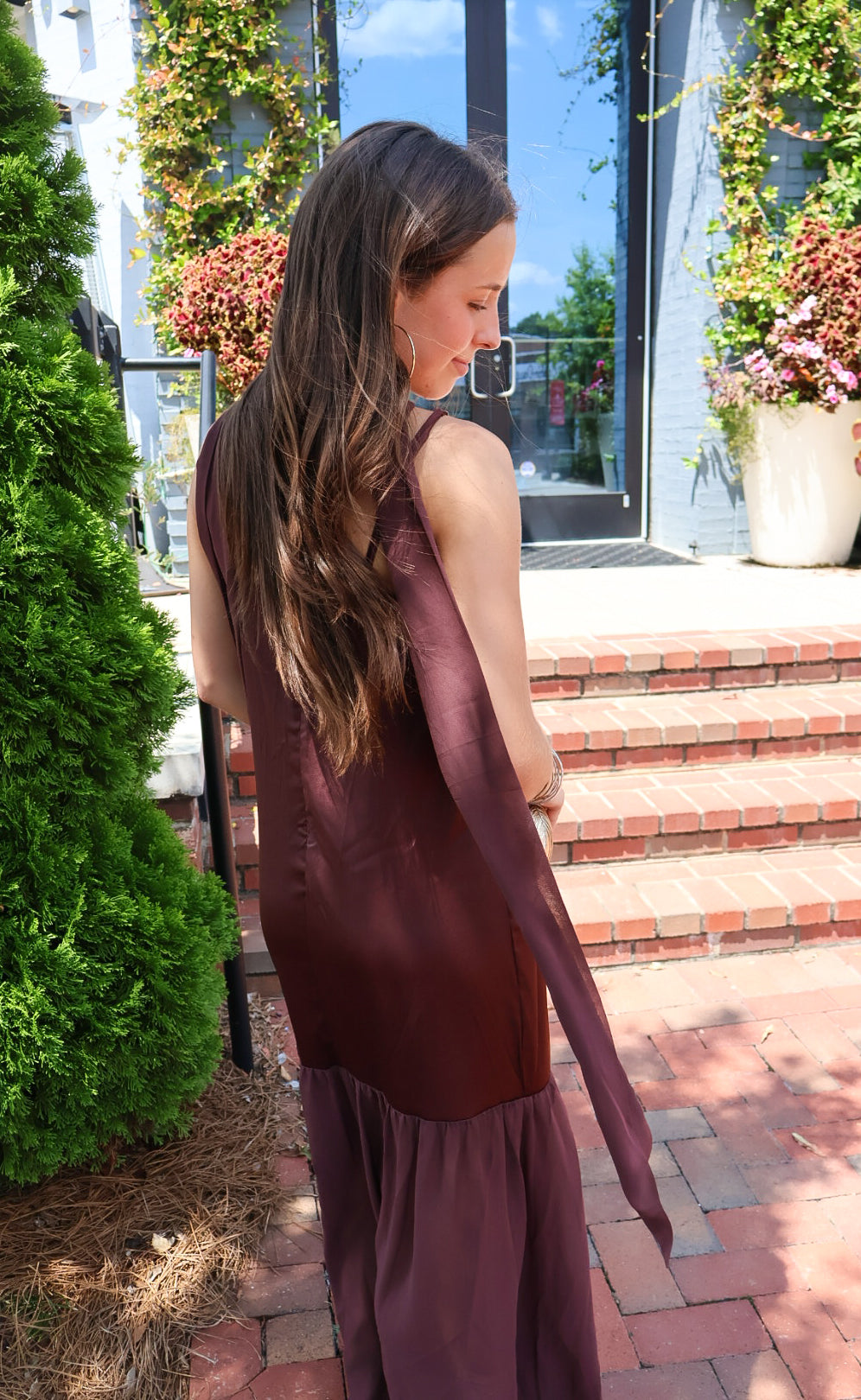 Chocolate brown satin slip maxi dress with adjustable straps and a detachable neck scarf
