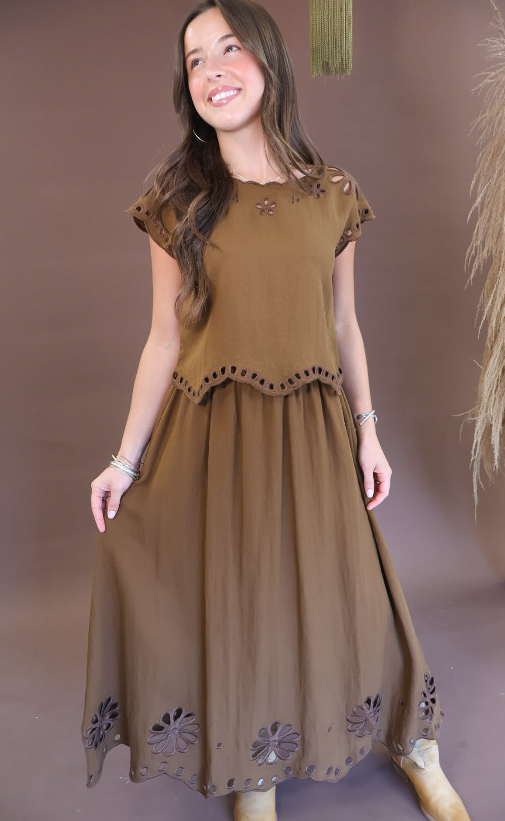 Chocolate eyelet cutout boxy top and skirt set