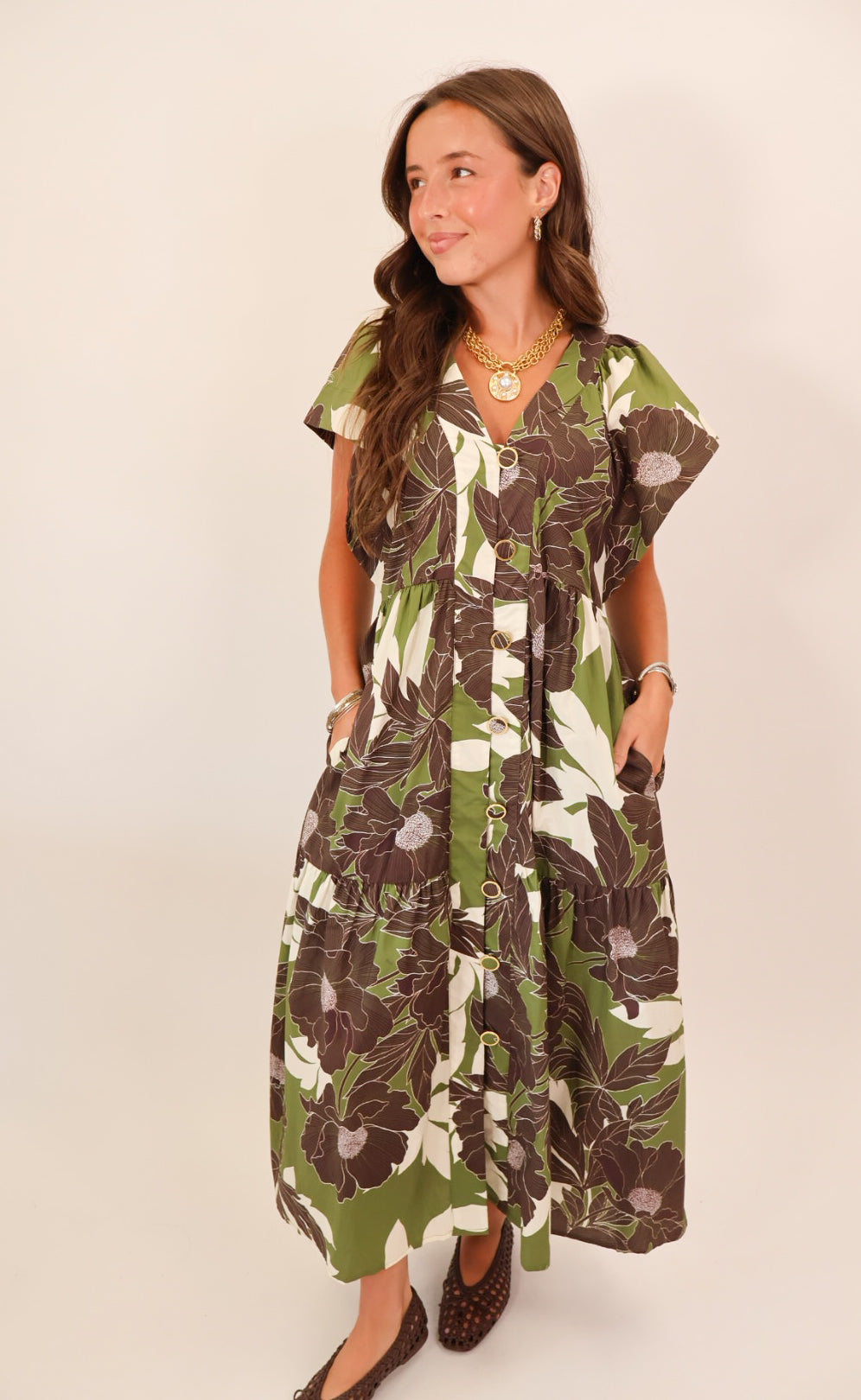 Olive & Brown Floral Button-Front Midi Dress