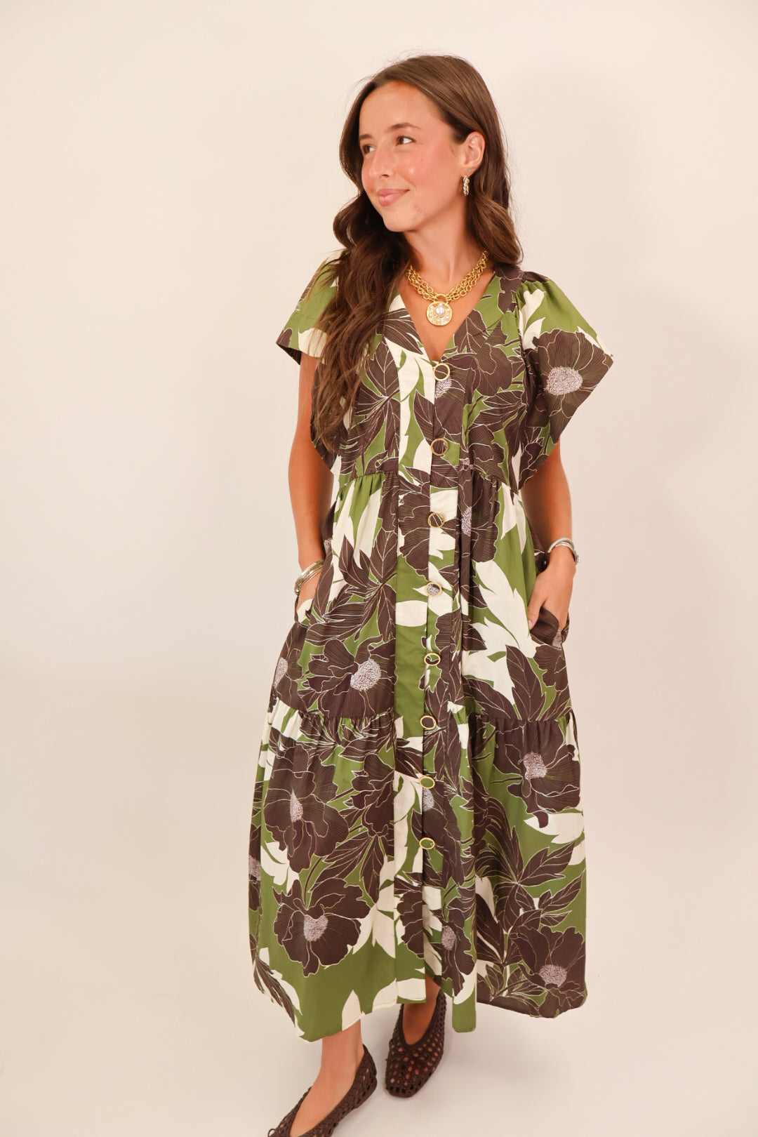 Olive & Brown Floral Button-Front Midi Dress