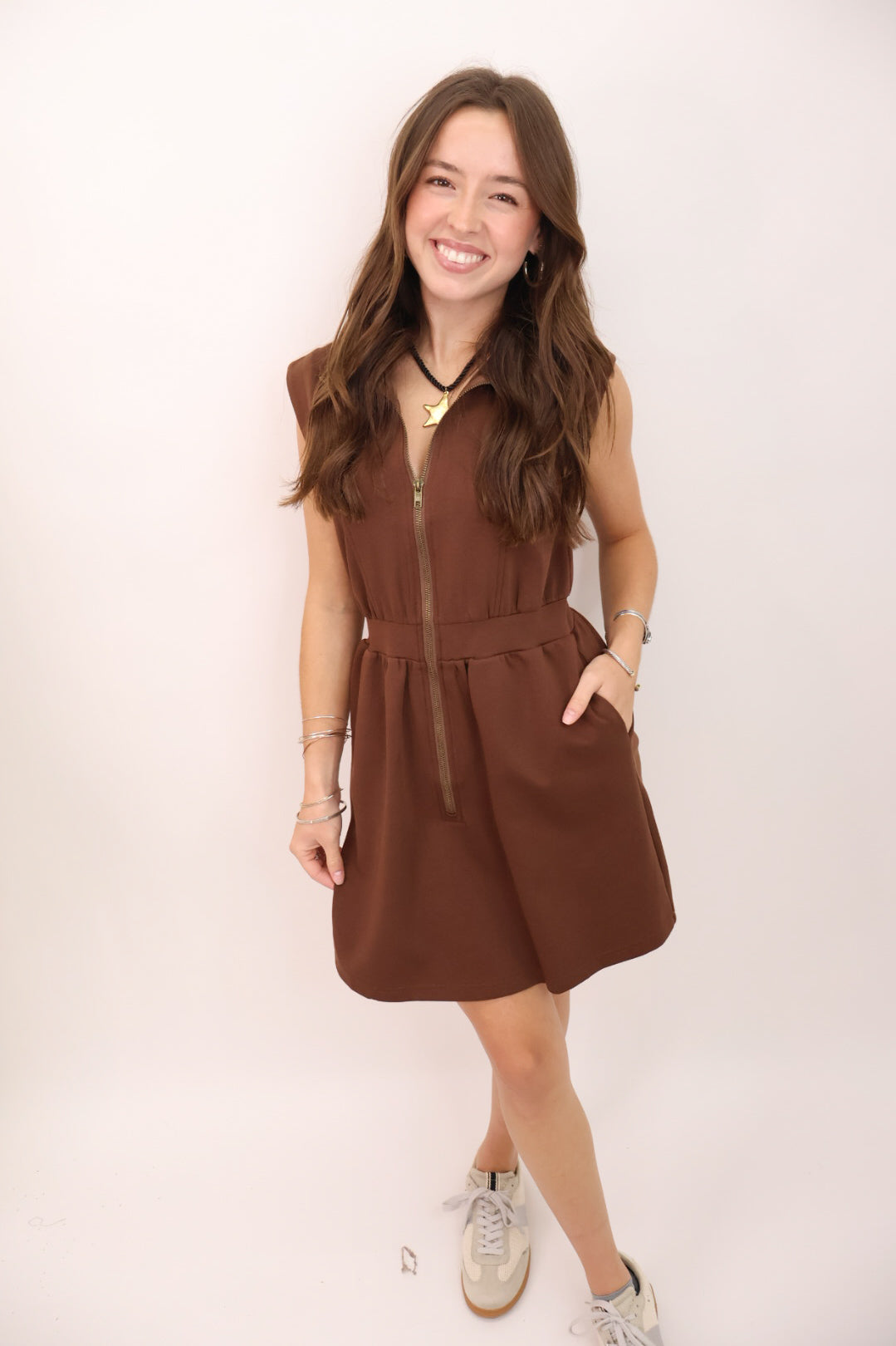 Zip-Front Sleeveless Dress - Mocha