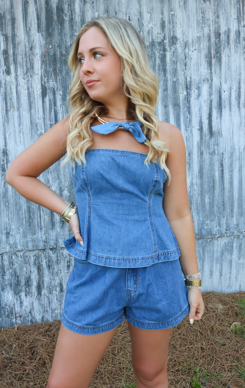 Strapless Denim Top and Shorts Set