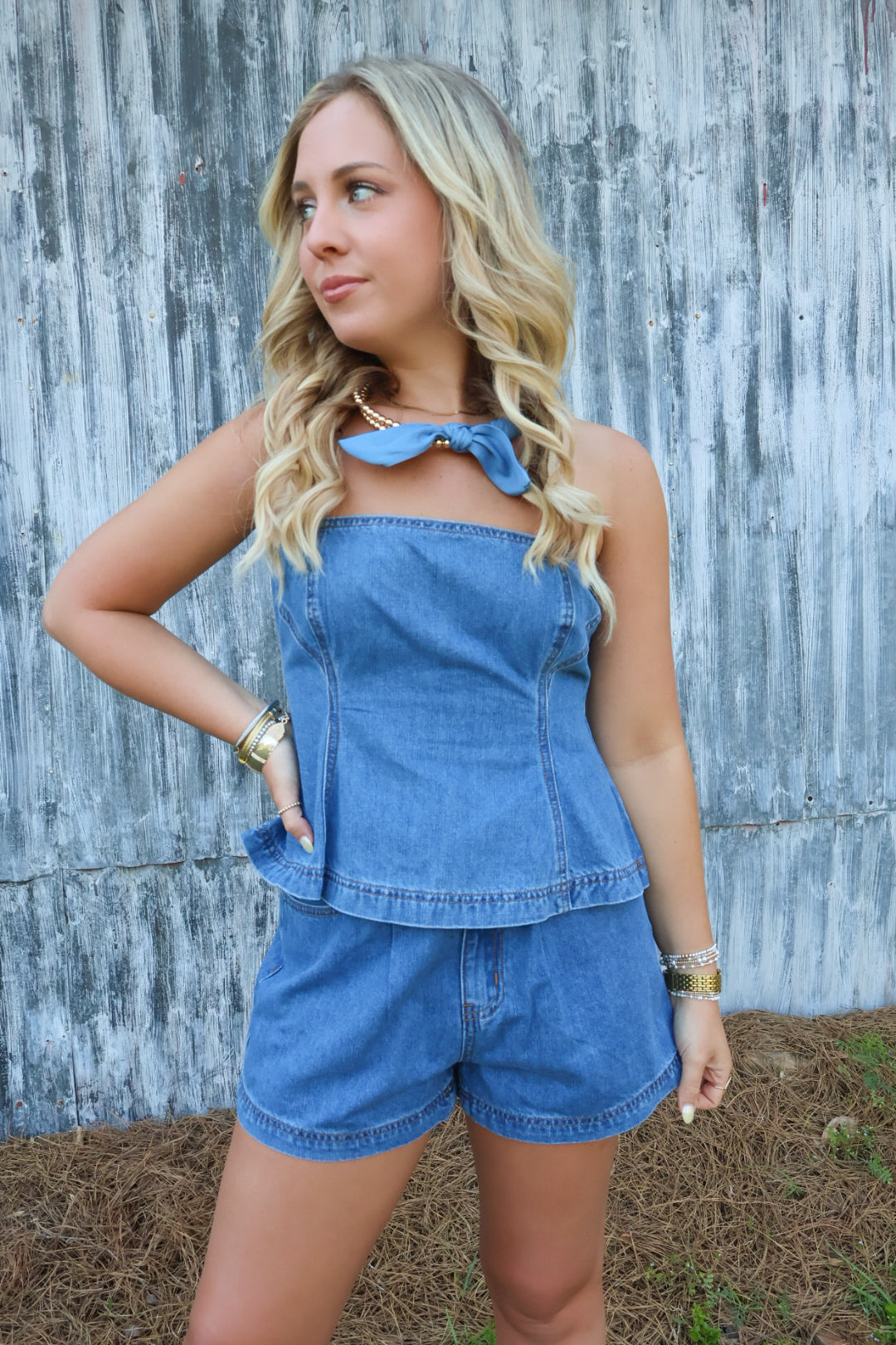 Strapless Denim Top and Shorts Set