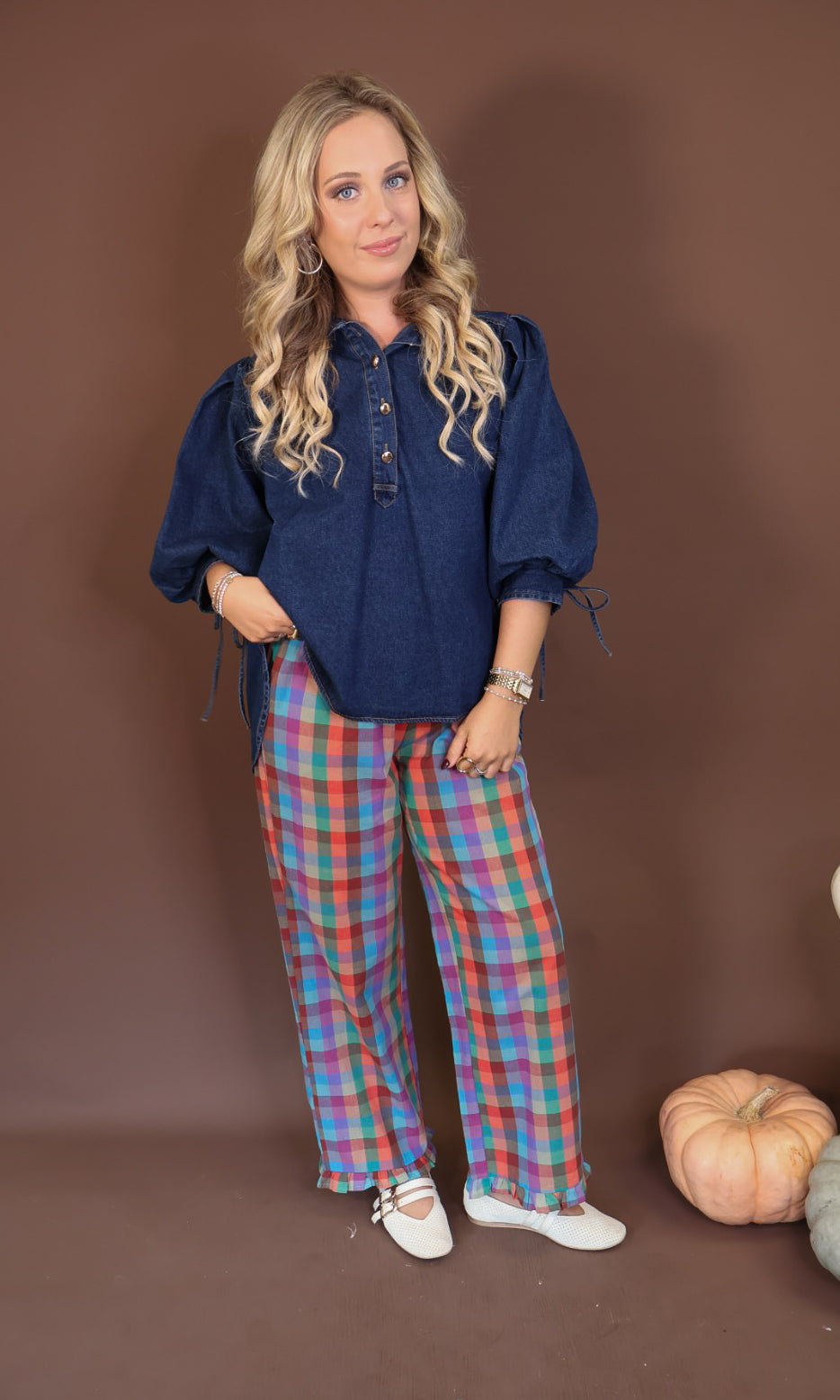 Dark Denim Balloon Sleeve Top — full outfit with plaid pants.