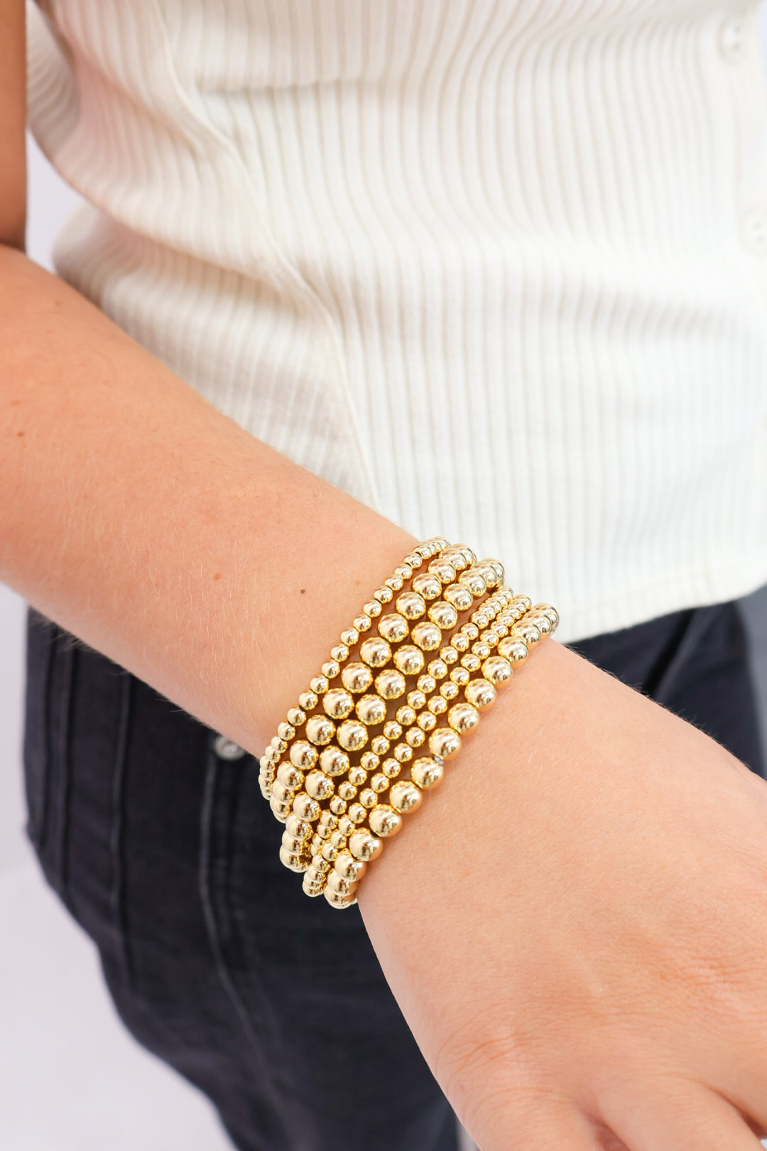 Gold Beaded Stretch Stack Bracelet – Large + Small Beads