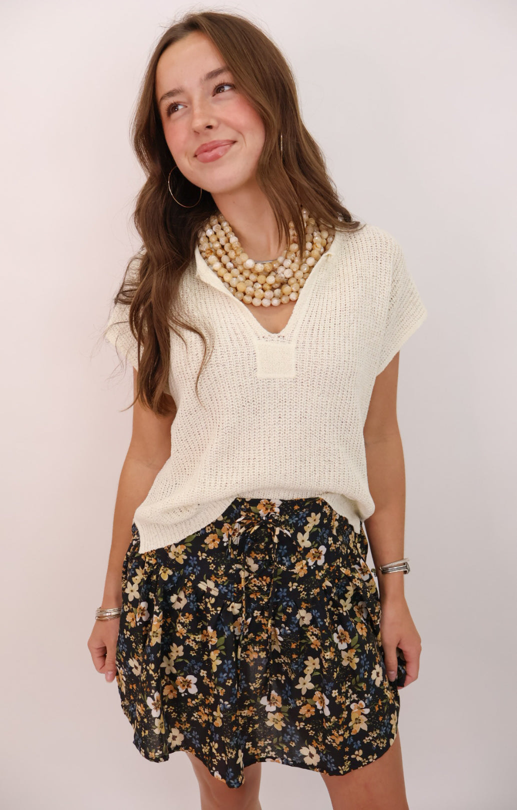 Split Neck Pullover Sweater - Cream