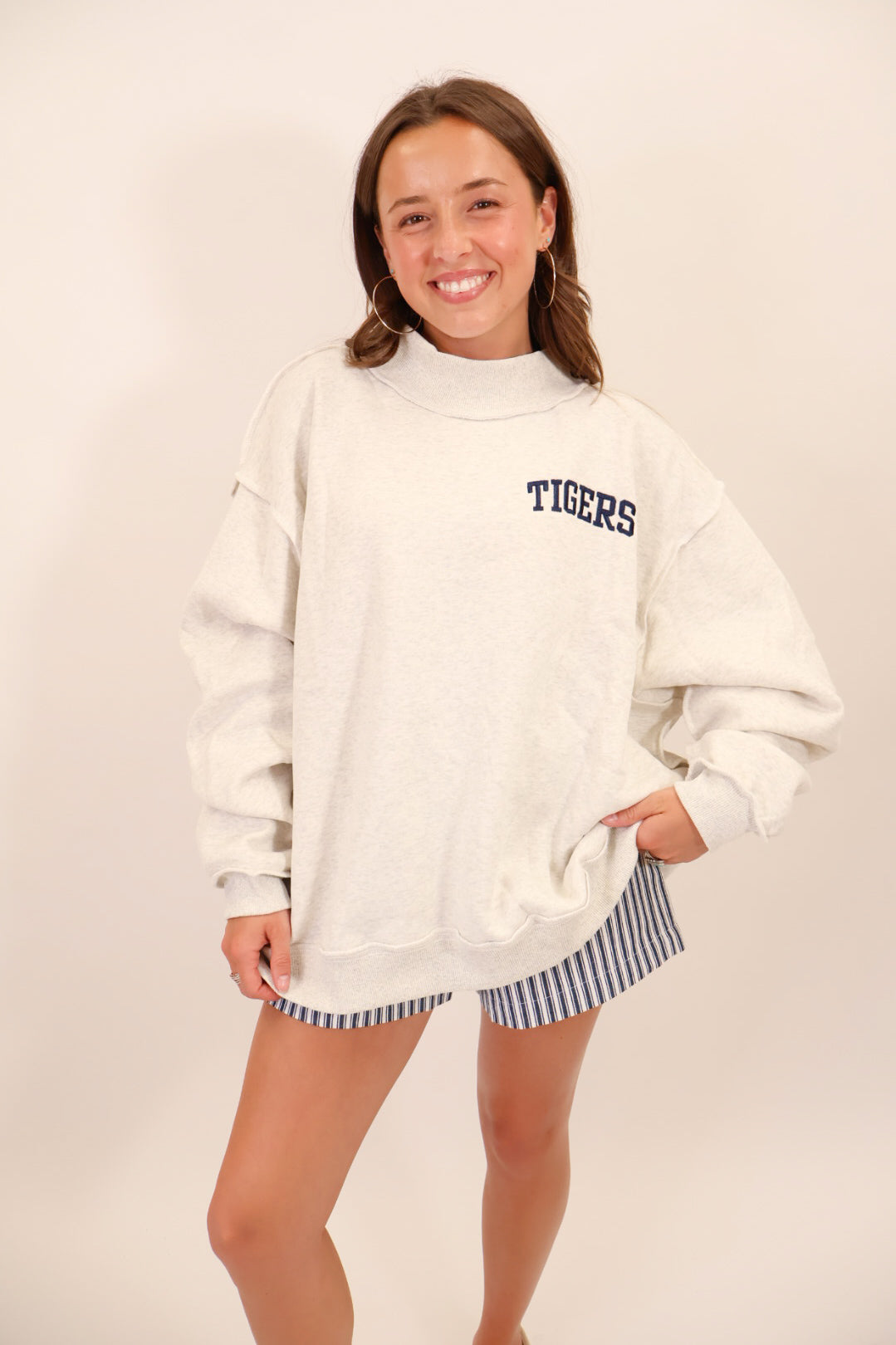 Tigers Pinstripe Embroidered Mock Neck Pullover - Gray