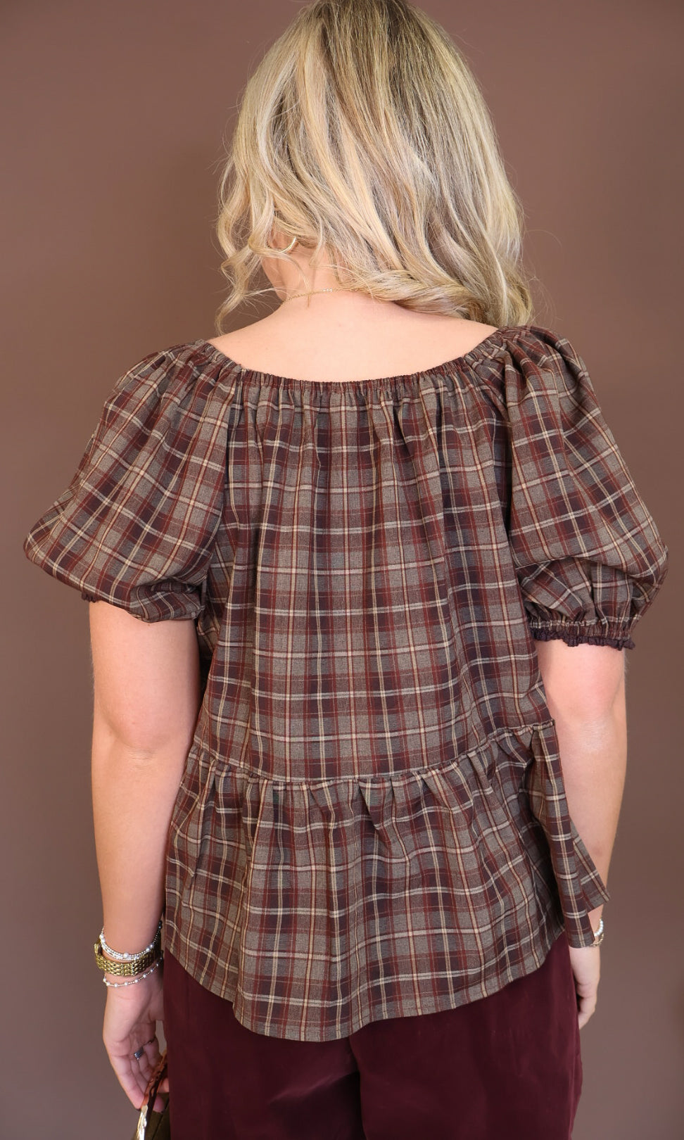 Brown Plaid Puff Sleeve Babydoll Top — back view.