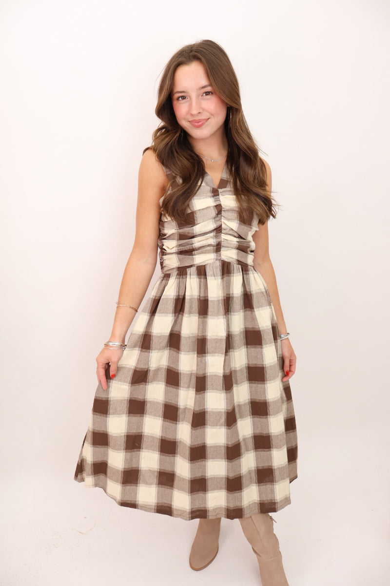 Brown Plaid Sleeveless Midi Dress – Moda Boutique Brown Plaid Sleeveless Midi Dress – Moda Boutique