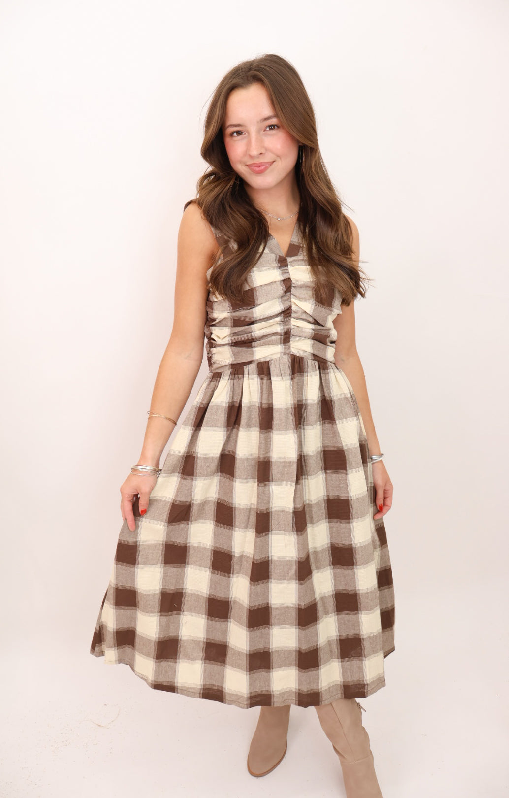 Brown Plaid Sleeveless Midi Dress
