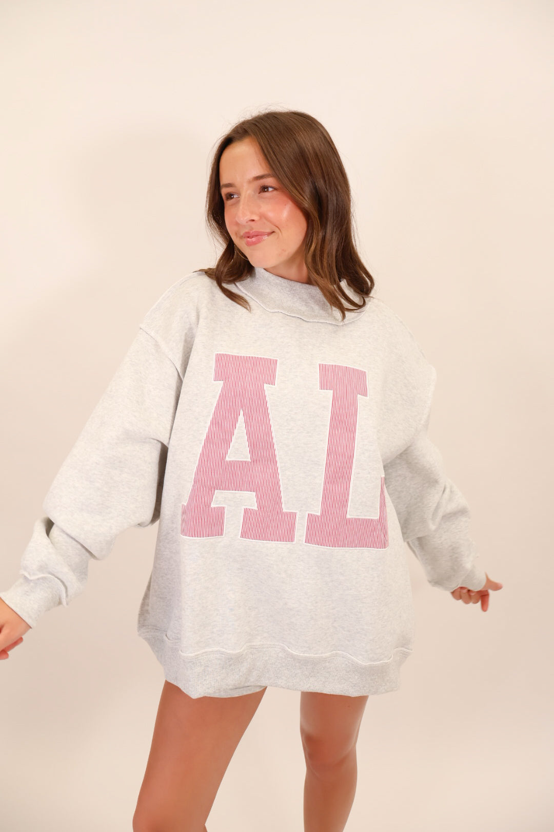AL Pinstripe Embroidered Mock Neck Pullover - Gray