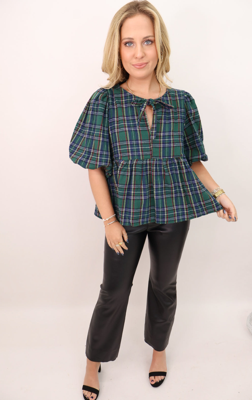 Plaid Babydoll Tie Front Top - Green
