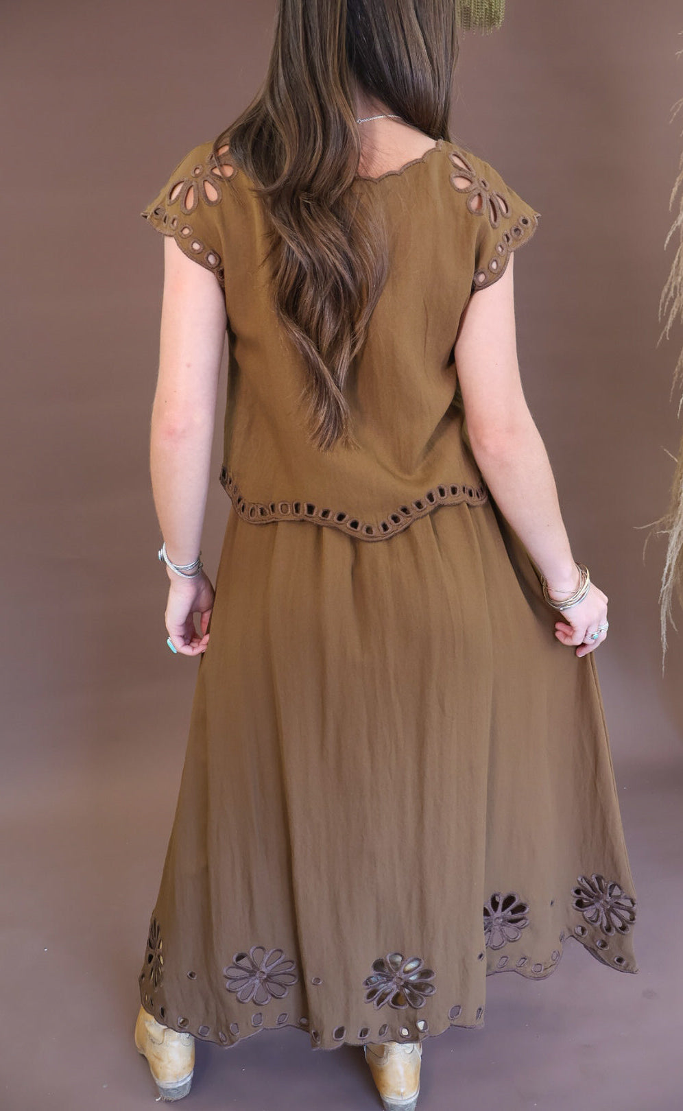 Chocolate eyelet cutout boxy top and skirt set
