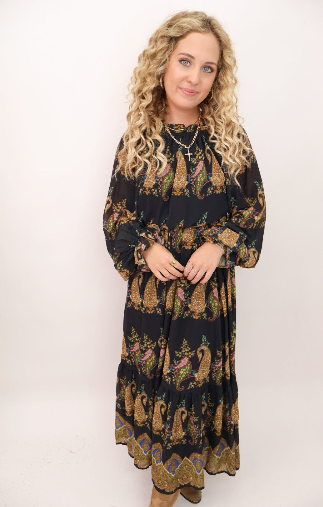 Black Paisley Smocked Maxi Dress