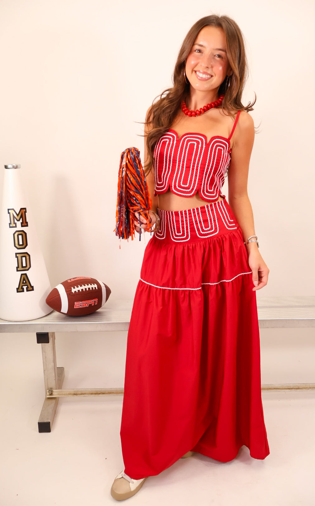Crimson and White Trimmed Crop Top & Midi Skirt