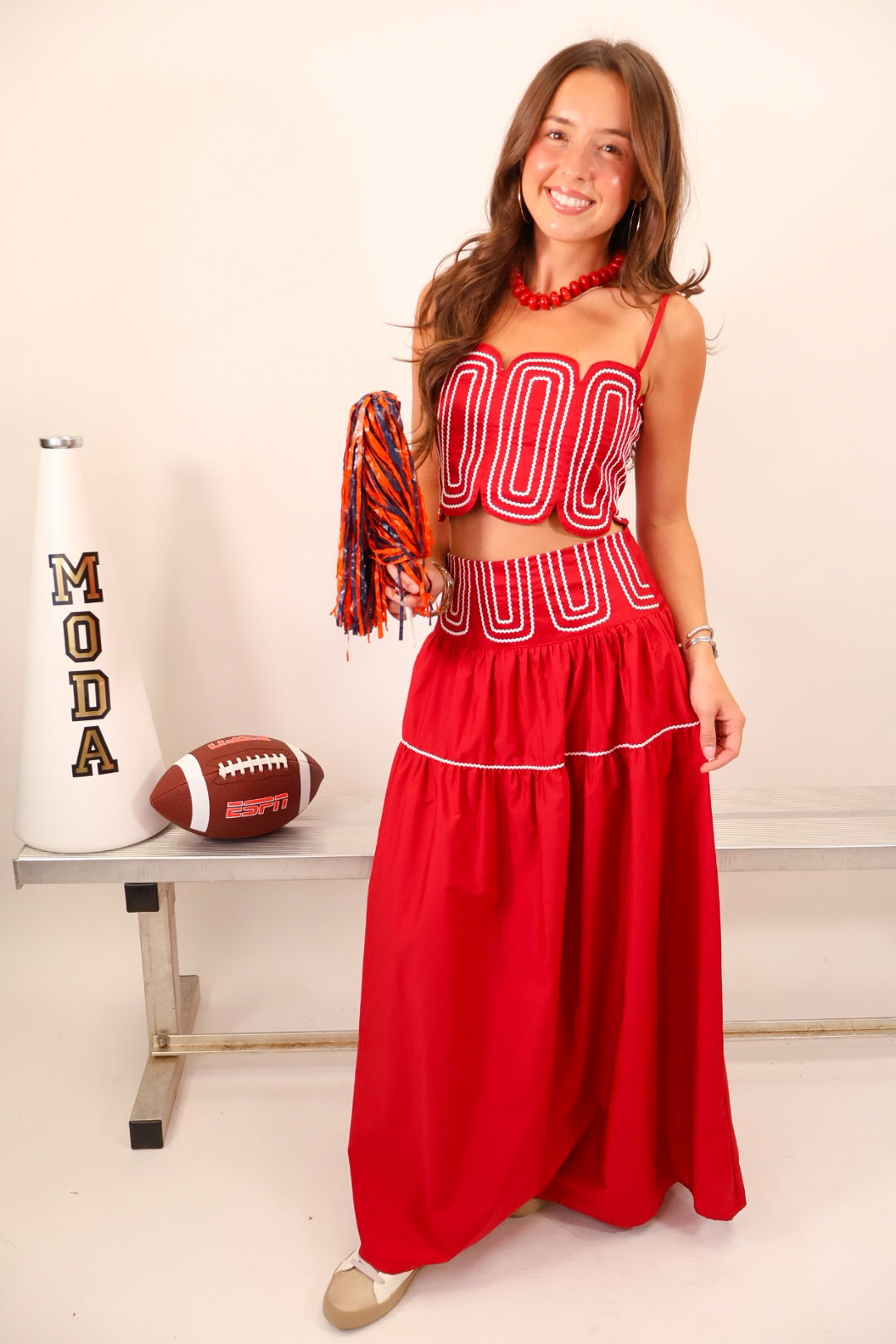 Crimson and White Trimmed Crop Top & Midi Skirt