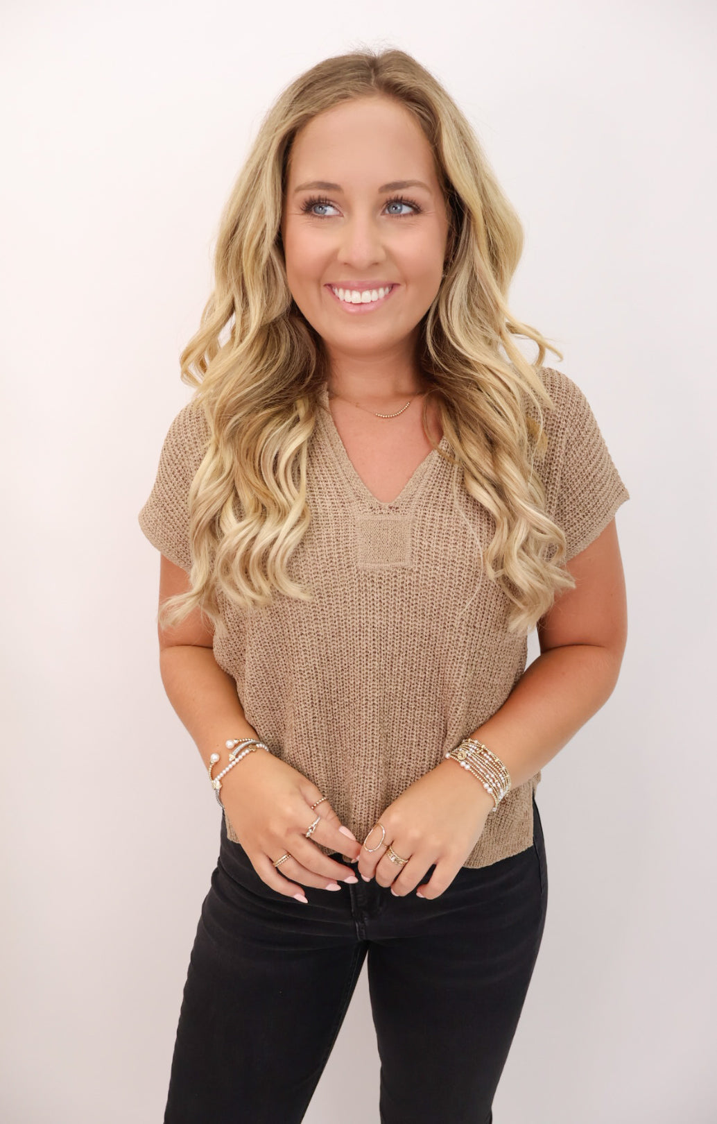 Split Neck Pullover Sweater - Tan