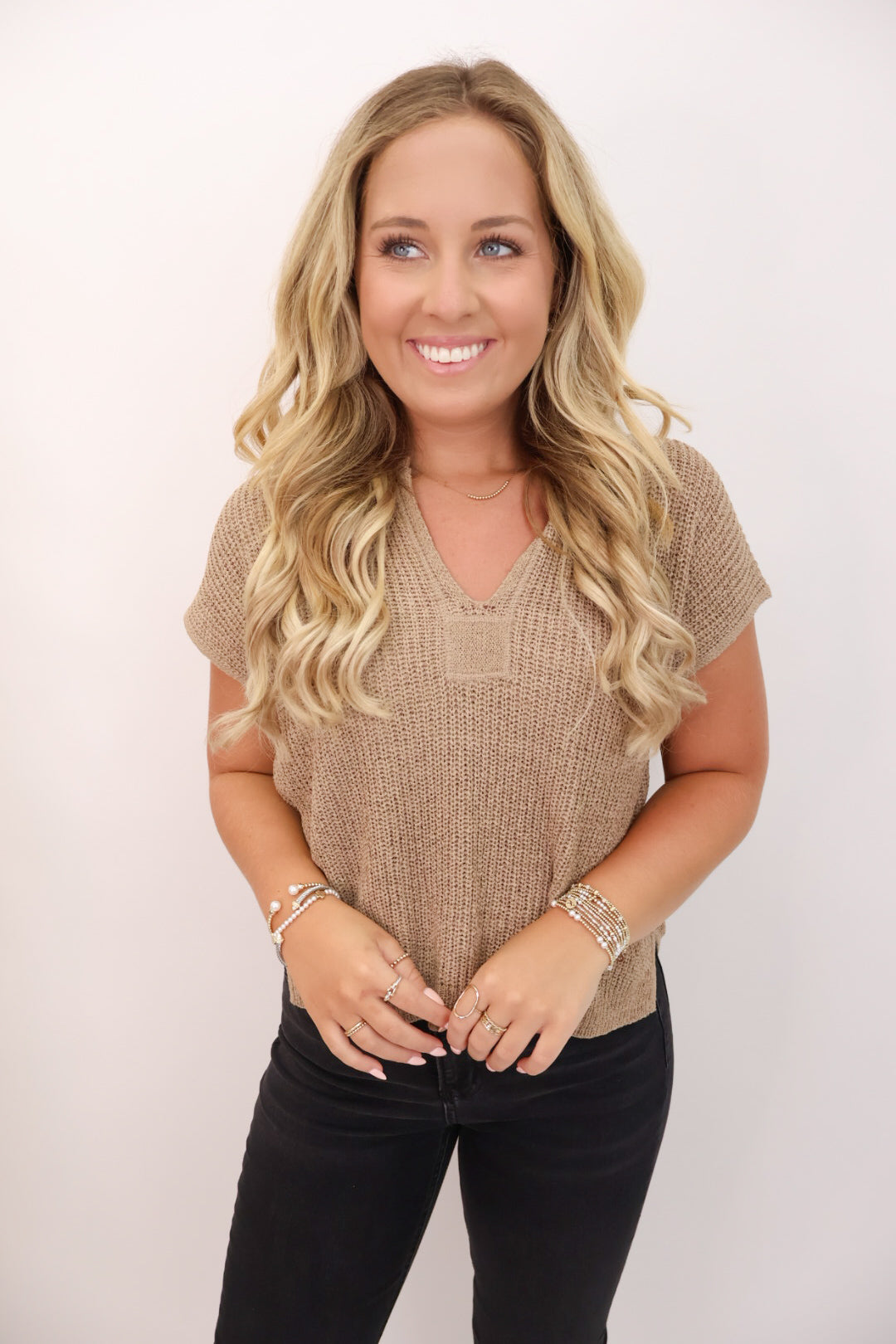Split Neck Pullover Sweater - Tan