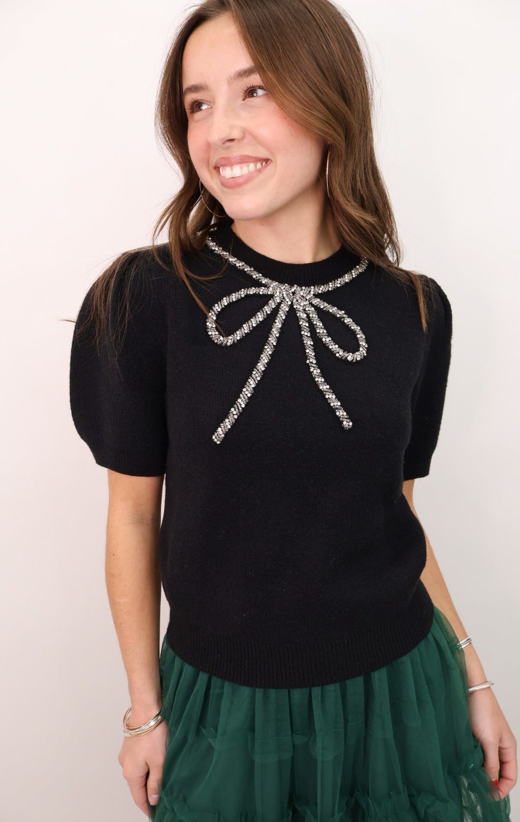 Short Sleeve Beaded Bow Sweater - Black