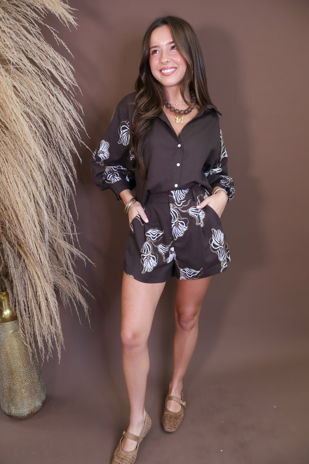 Model wearing the Brown Embroidered Short Set from Moda Boutique